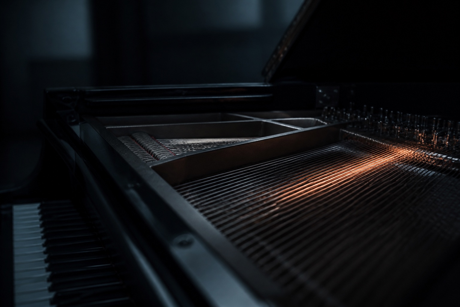 Grand piano strings in low light